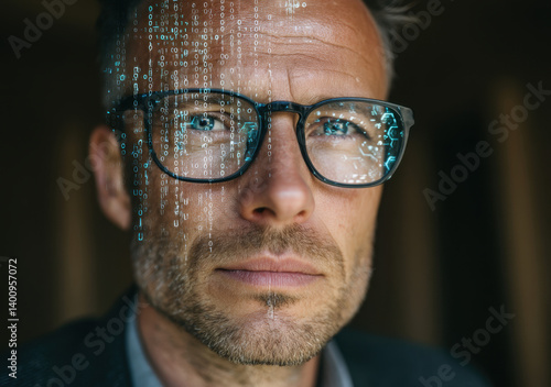 Obraz na płótnie A thoughtful man with glasses contemplates artificial intelligence, surrounded by digital data symbols and binary code in a modern setting w salonie
