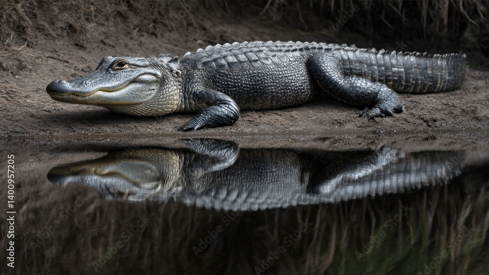 Fototapeta premium Alligator resting on muddy shore, reflecting in the dark water. Close up.