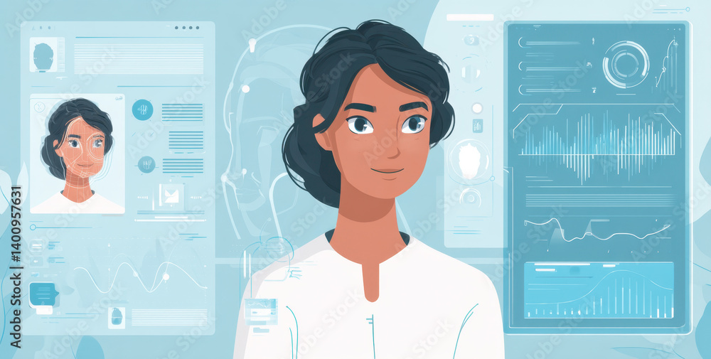 A human smiles while engaging with various displays of artificial intelligence data and graphics in a modern environment