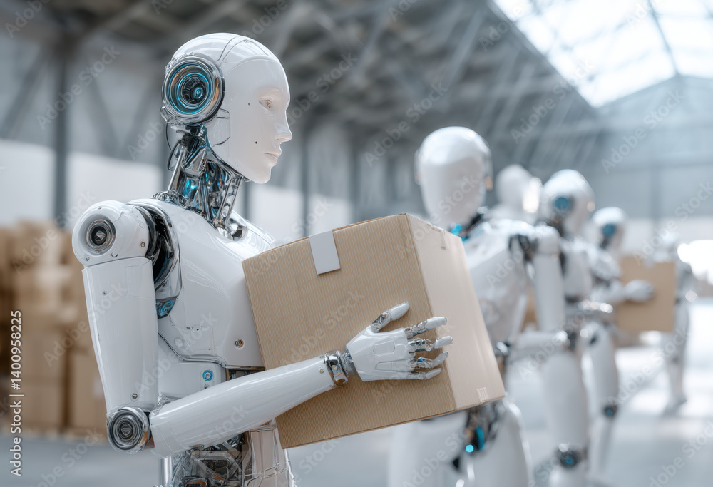 Advanced robots skillfully transport packages in a bustling warehouse environment, showcasing the impact of artificial intelligence on logistics