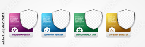 Shield frame for photo space on infographics element design template with business icons 4 options. combined with rectangle background for title and editable text.