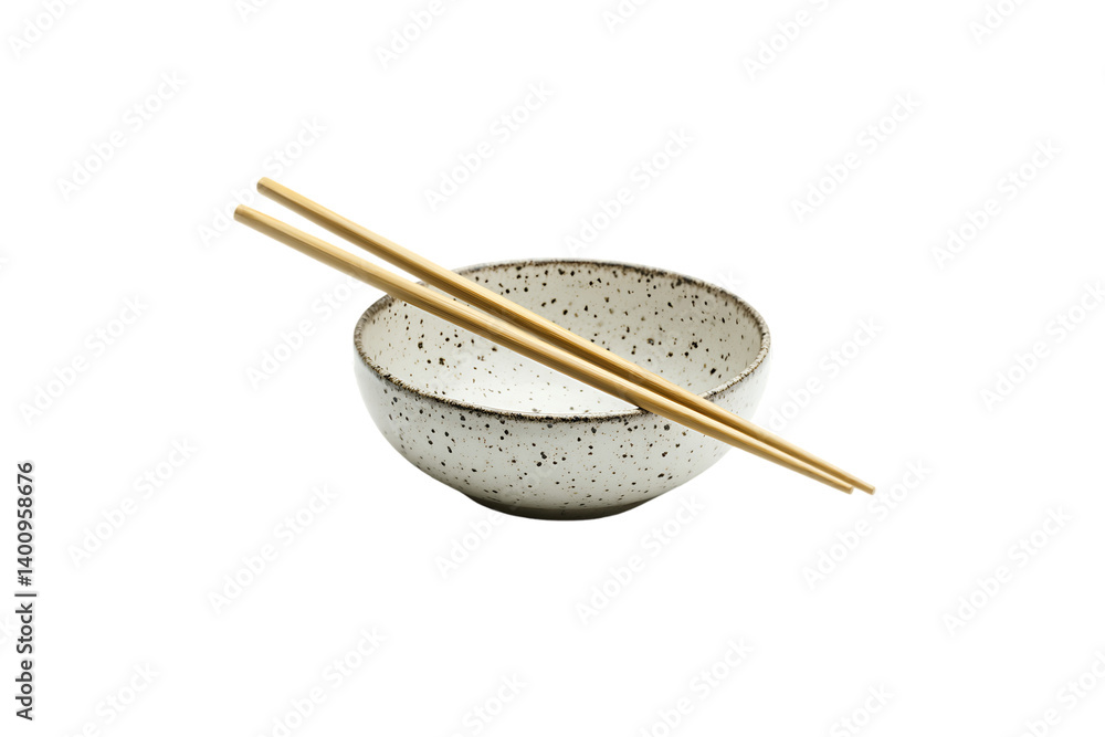 Ceramic speckled bowl with wooden chopsticks for elegant dining and oriental cuisine Ceramic speckled bowl with wooden chopsticks for elegant dining and oriental cuisine