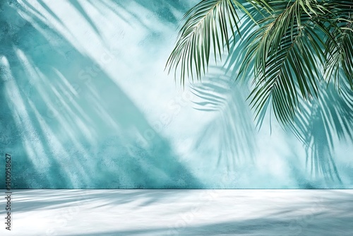 Abstract gradient blue studio background for product presentation. Empty room with shadows of window and flowers and palm leaves . 3d room with copy space. Summer concert. Blurred backdrop.
