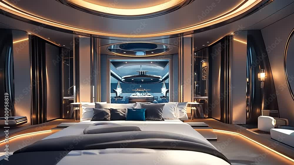 Luxurious modern bedroom interior featuring elegant design, ambient lighting, and panoramic windows Luxurious modern bedroom interior featuring elegant design, ambient lighting, and panoramic windows