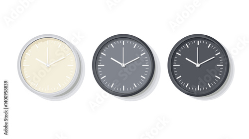 Three Minimalist Round Clocks in White, Gray, and Black
