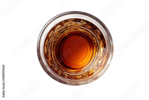 Amber liquid swirls in a crystal glass against a black backdrop a top down view showcasing rich color and texture
