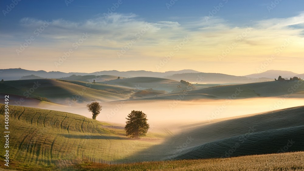 Obraz premium Misty hills under clear pastel sky with early morning light
