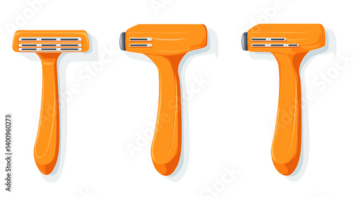 Three Orange Plastic Razors on White Background