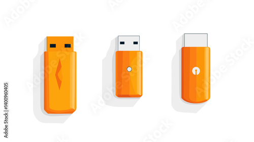 Three Orange USB Flash Drives on White Background