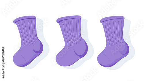 Three Pairs of Purple Knit Baby Socks on White Background