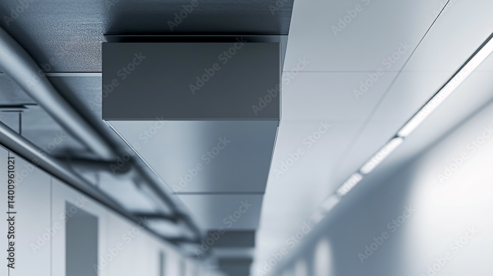 Fototapeta premium Modern ceiling with ventilation and lighting systems in a hallway.