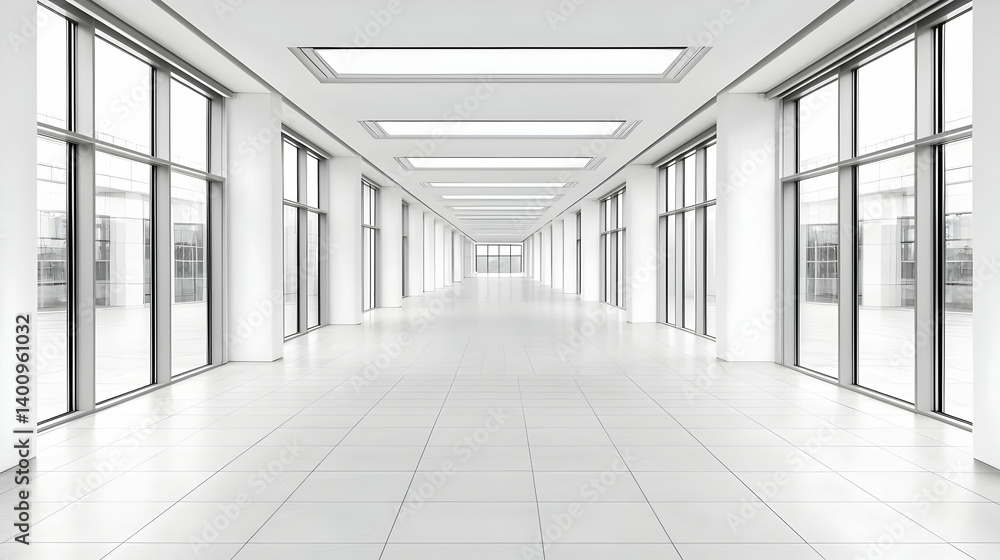 Empty White Office Corridor With Large Windows Empty White Office Corridor With Large Windows