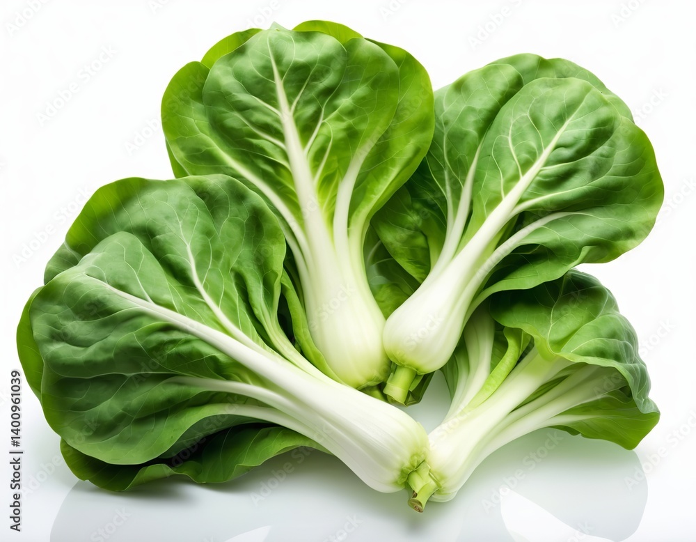 Fresh green bok choy displayed on a reflective surface, showcasing its vibrant color and crisp texture. Fresh green bok choy displayed on a reflective surface, showcasing its vibrant color and crisp texture.