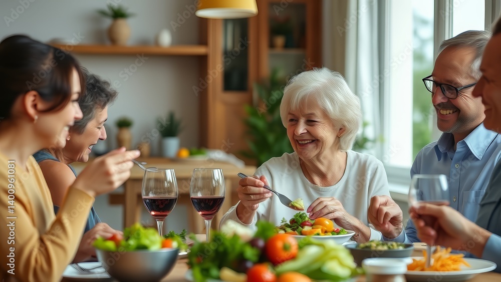 Happy multigenerational family enjoys a delicious healthy meal together at a dinner table in a bright home. Happy multigenerational family enjoys a delicious healthy meal together at a dinner table in a bright home.