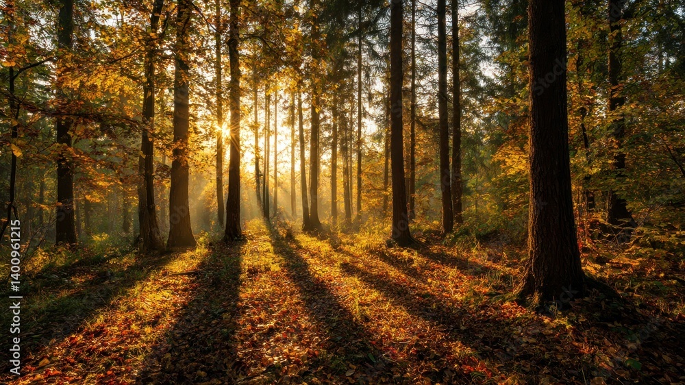 Obraz premium Sunlight streams through trees, creating long shadows on the forest floor.