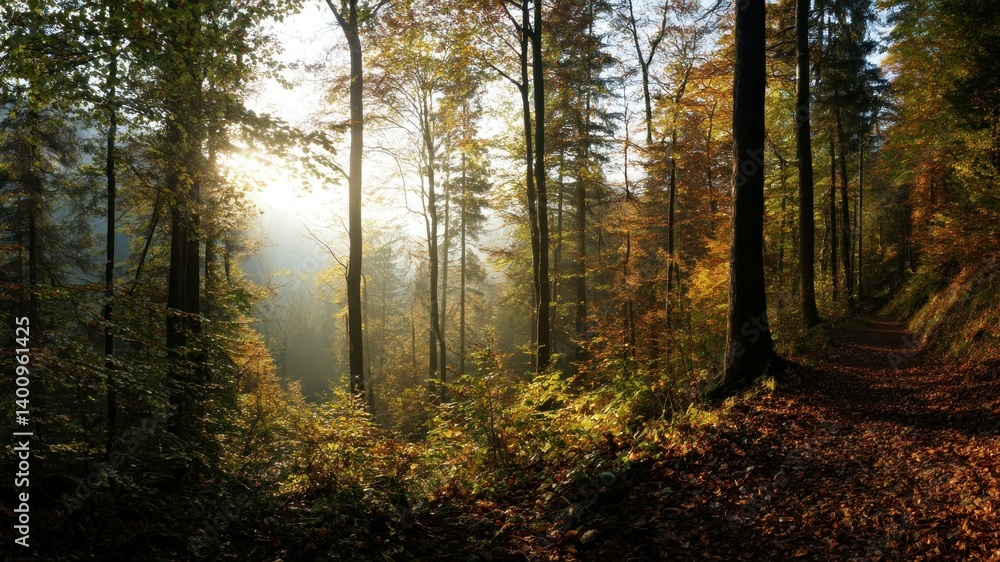 Sunlight streams through a forest with an autumn trail, creating a serene scene. Sunlight streams through a forest with an autumn trail, creating a serene scene.