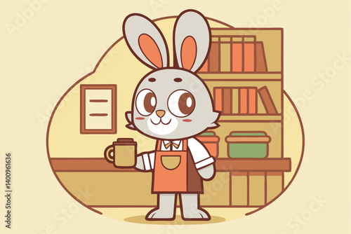 Cozy Rabbit Cartoon Apron and Mug in Warm Setting