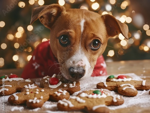 Festive canine with holiday cookies, creating a charming and heartwarming scene of adorable eagerness and sweet anticipation.