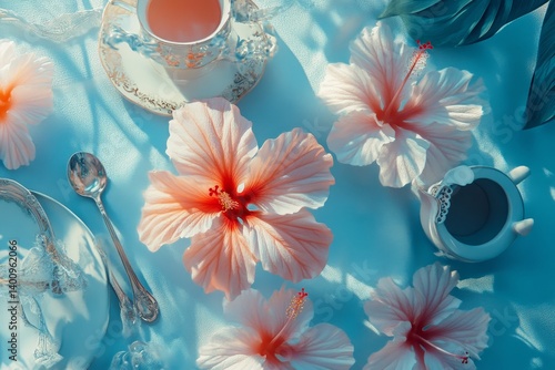 A peaceful ambiance of tea time, complete with dainty china cups and hibiscus blooms, creates soft silhouettes that induce a sense of calm and serene reflection in a garden oasis