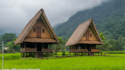 Two Traditional Thatched Roof Houses in a Green Field with Mountain Backdrop Under a Cloudy Sky
