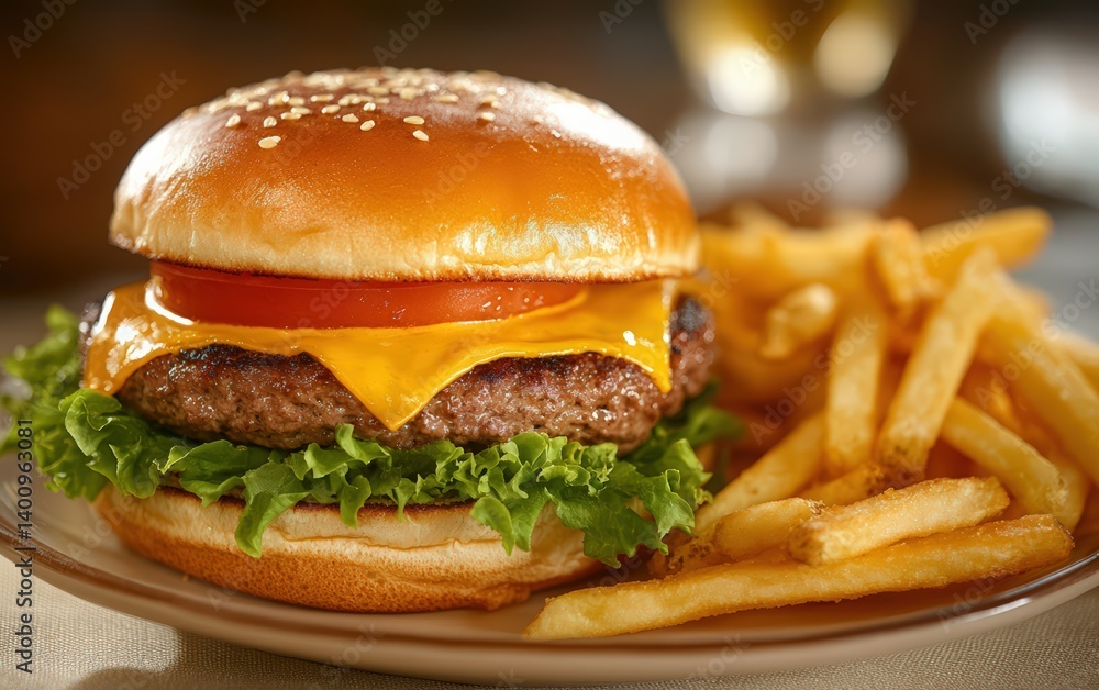 cheeseburger with lettuce tomato and fries on plate, american diner style, international hamburger day cheeseburger with lettuce tomato and fries on plate, american diner style, international hamburger day
