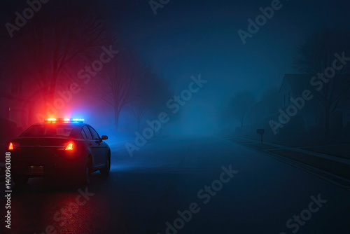 Police car with flashing red and blue lights parked on a foggy suburban street at night

