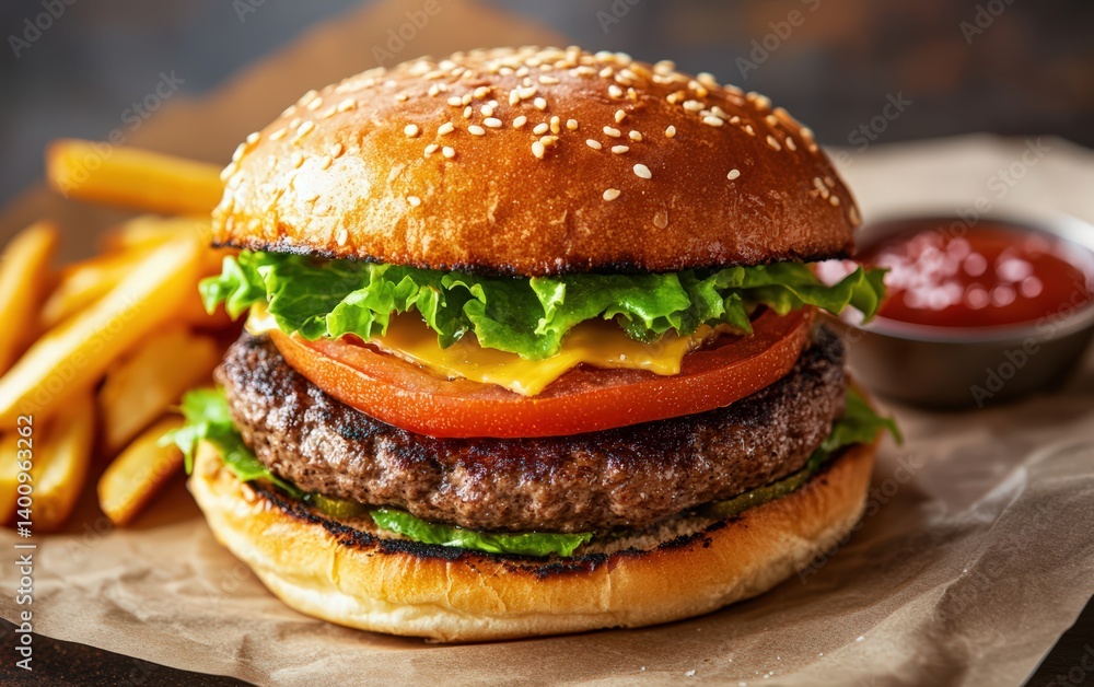 cheeseburger with lettuce tomato and fries on plate, american diner style, international hamburger day cheeseburger with lettuce tomato and fries on plate, american diner style, international hamburger day