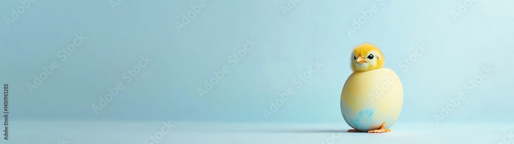 easter eggs festive decorations. Adorable Yellow Chick Hatching from a Pastel Egg on Light Blue Background Easter Springtime Concept. easter eggs festive decorations. Adorable Yellow Chick Hatching from a Pastel Egg on Light Blue Background Easter Springtime Concept.