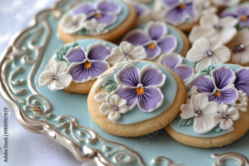 Delicate desserts made from violet flowers are arranged on a vintage plate to create an elegant display suitable for a tea party or a special celebration