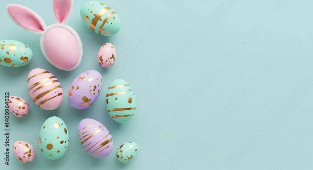 Decorated Easter Eggs with Bunny Ears Headband on Pastel Background Decorated Easter Eggs with Bunny Ears Headband on Pastel Background