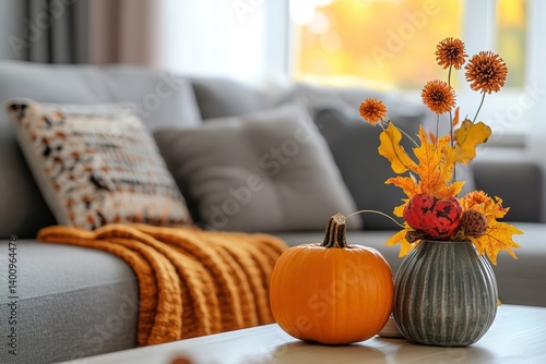 Interior of light living room with grey sofas and autumn decor