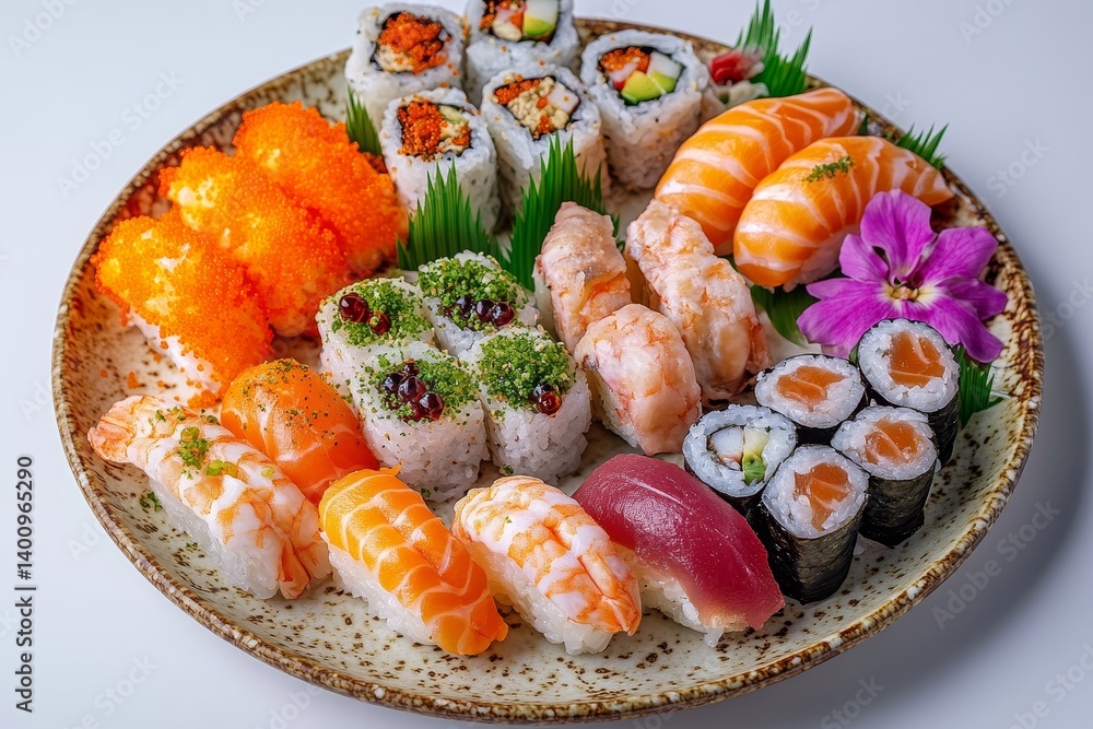 A stunning sushi platter, adorned with an assortment of fresh seafood including salmon, tuna, and shrimp, is set against a softly lit backdrop with subtle floral details A stunning sushi platter, adorned with an assortment of fresh seafood including salmon, tuna, and shrimp, is set against a softly lit backdrop with subtle floral details