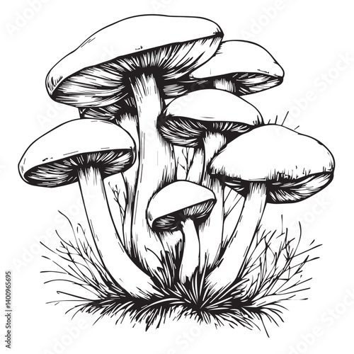 image of mushrooms, black and white graphics, vector
