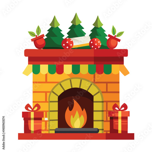 Christmas  fireplace isolated on white background