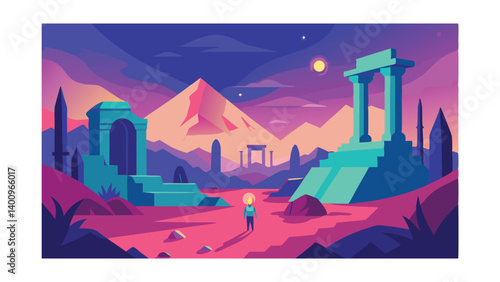 Colorful illustration of ancient ruins in a vibrant landscape at night.
