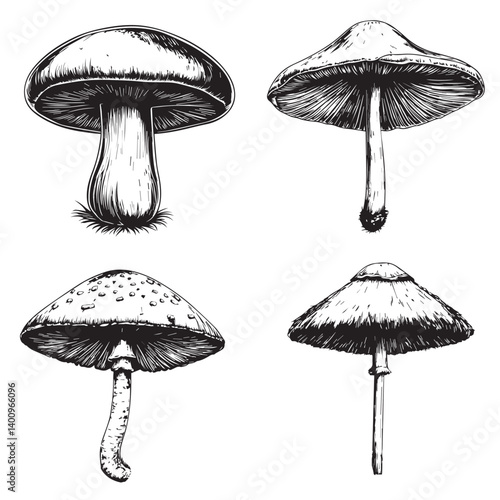 image of mushrooms, set of four, black and white graphics, vector
