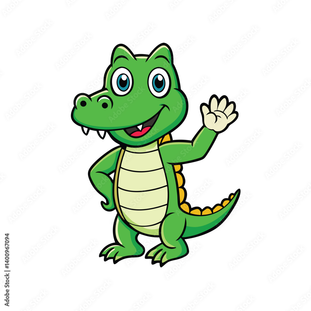 Cute, Happy crocodile standing and posing hand waving isolated on white background Cute, Happy crocodile standing and posing hand waving isolated on white background