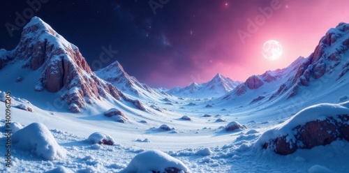 Snowy asteroid landscape with frozen crystals , winter space snow cold universe, stars