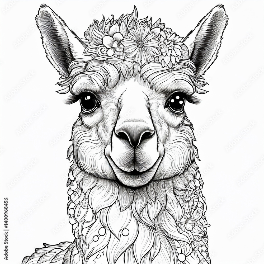 Obraz premium Ein Ausmalbild für Kinder mit einem Alpaka Motiv
