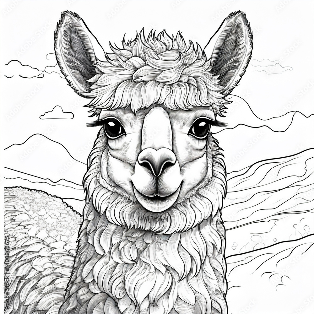 Obraz premium Ein Ausmalbild für Kinder mit einem Alpaka Motiv