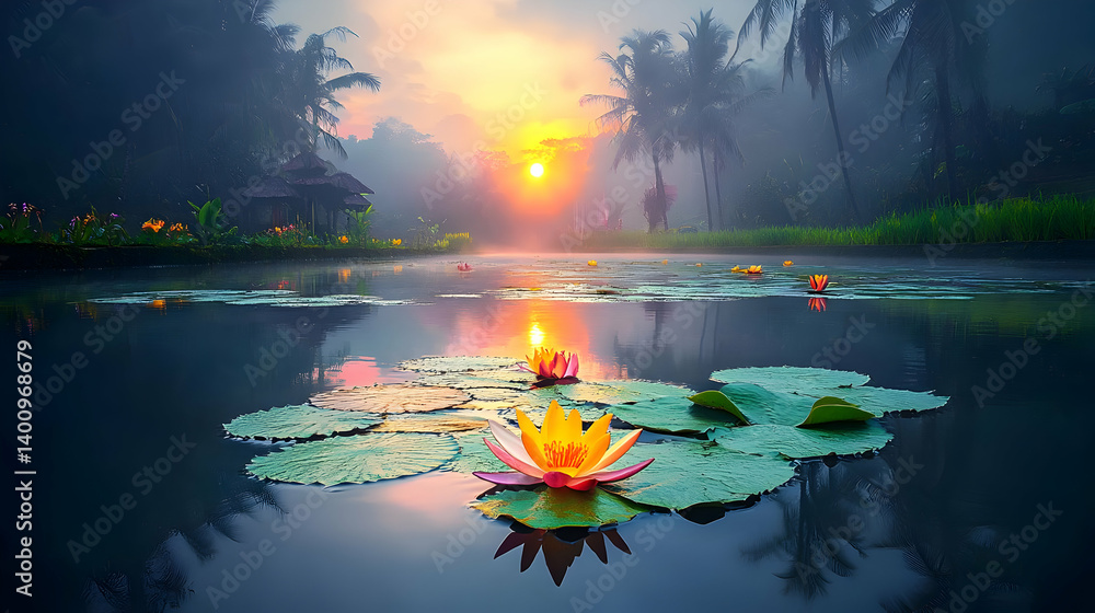 Vibrant Lotus Flowers on Pond at Sunrise with Palm Trees and Temple Silhouette in Serene Tropical Morning Scenery