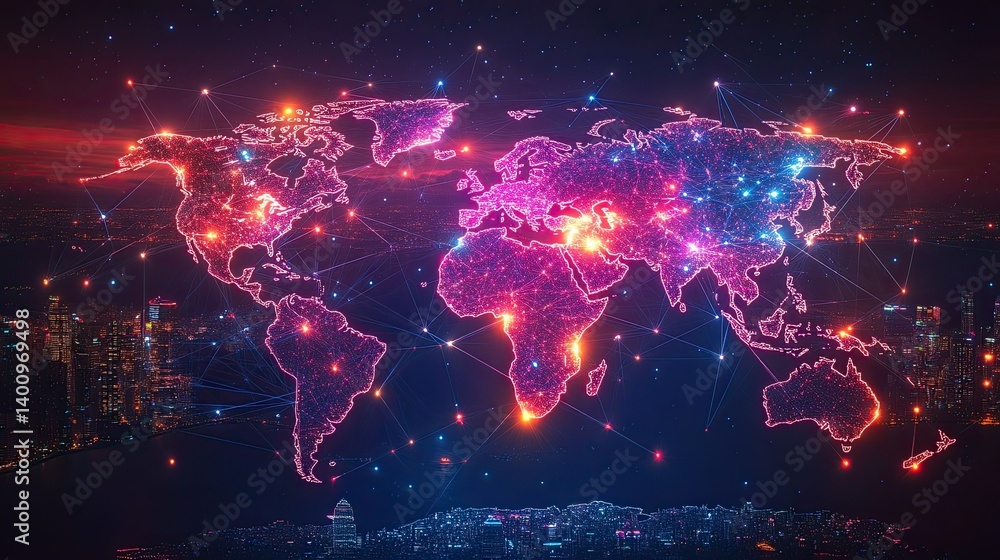 A vibrant, stylized world map glows with interconnected cityscapes and luminous lines. A vibrant, stylized world map glows with interconnected cityscapes and luminous lines.