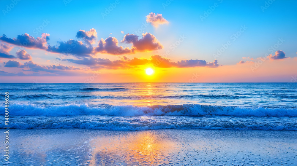 Vibrant Ocean Sunset with Golden Light Reflection on Beach and Gentle Waves Under Blue Sky with Scattered Clouds in Horizontal Orientation
