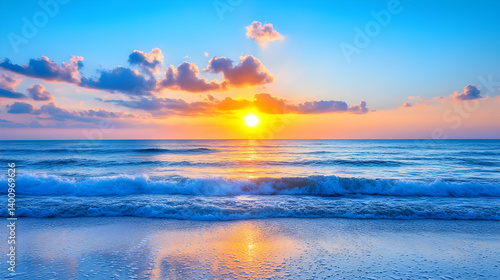 Obraz na płótnie Vibrant Ocean Sunset with Golden Light Reflection on Beach and Gentle Waves Under Blue Sky with Scattered Clouds in Horizontal Orientation w salonie