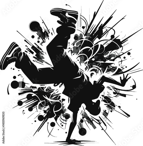"Vector silhouette of a 1990s breakdancer mid-flip surrounded by abstract graffiti strokes, black-only color palette, exaggerated body motion, street rebel vibe"