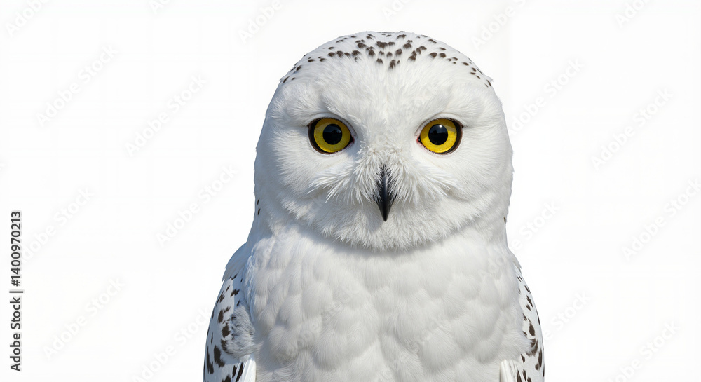 Obraz premium Snowy owl with piercing gaze against a white background 