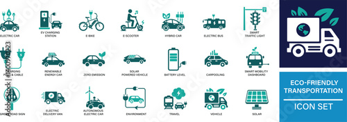  Eco-Friendly Transportation Icon Set eco transport, electric car,  charging, e-bike You can easily change the color.