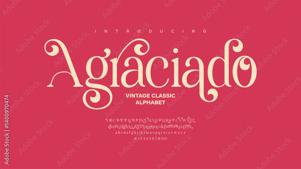 Naklejka premium Agraciado: Timeless minimal fashion typography. Modern serif typeface with elegant letters, refined alternative, and stylish numerals.