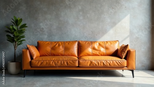 Wallpaper Mural Modern sofa in warm leather against grey wall, minimalist, leather, grey Torontodigital.ca