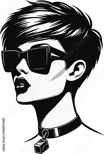 "Black vector headshot of a female raver from the 1990s, pixie haircut, cyber shades, whistle around neck, bold lip shape, clean minimal line art with sharp contours"